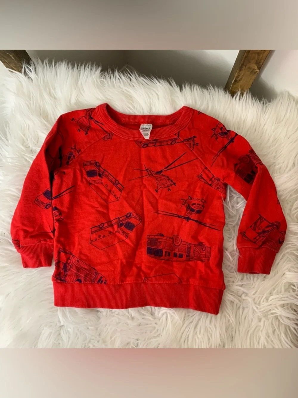 Carters Red Kids Sweatshirt with Vehicle Print Size 3T